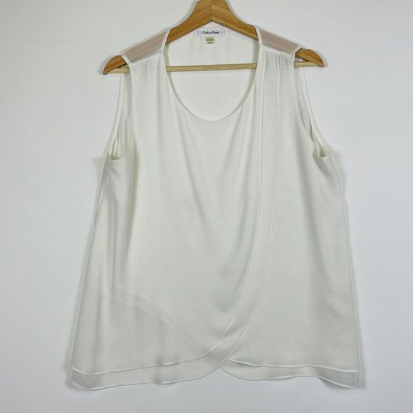 Calvin Klein Ivory Sheer Chiffon Sleeveless Wrap Front Blouse Top Womens‎ Large - Picture 1 of 5